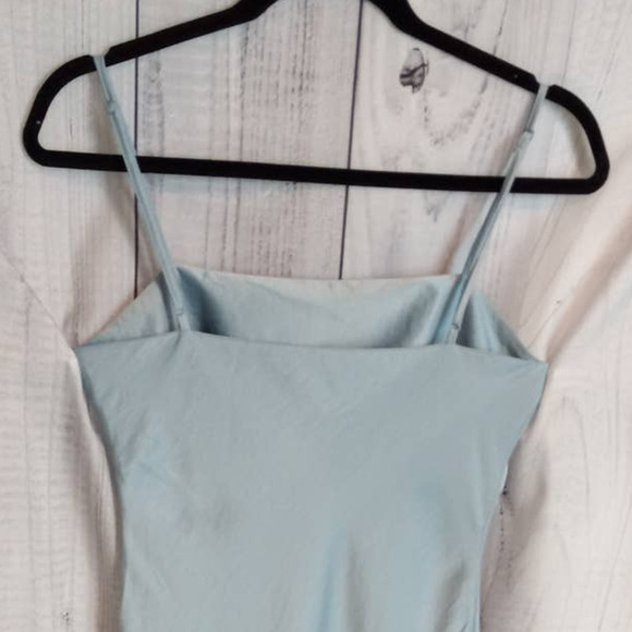 House of Harlow | Baby Blue Matte Satin Spaghetti Strap Ruched Midi Slip Dress - Picture 6 of 12